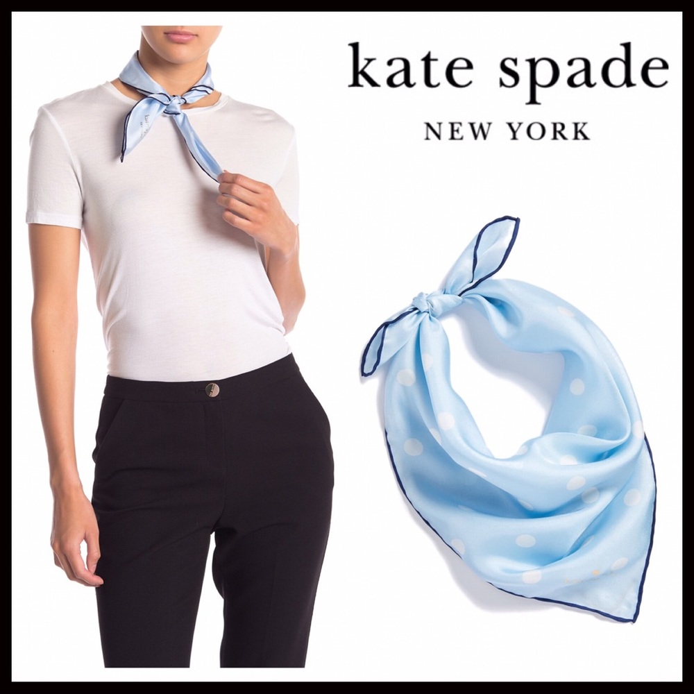 KATE SPADE BLUE SILK POLKA DOT BANDANA SCARF A3C - Picture 5 of 8